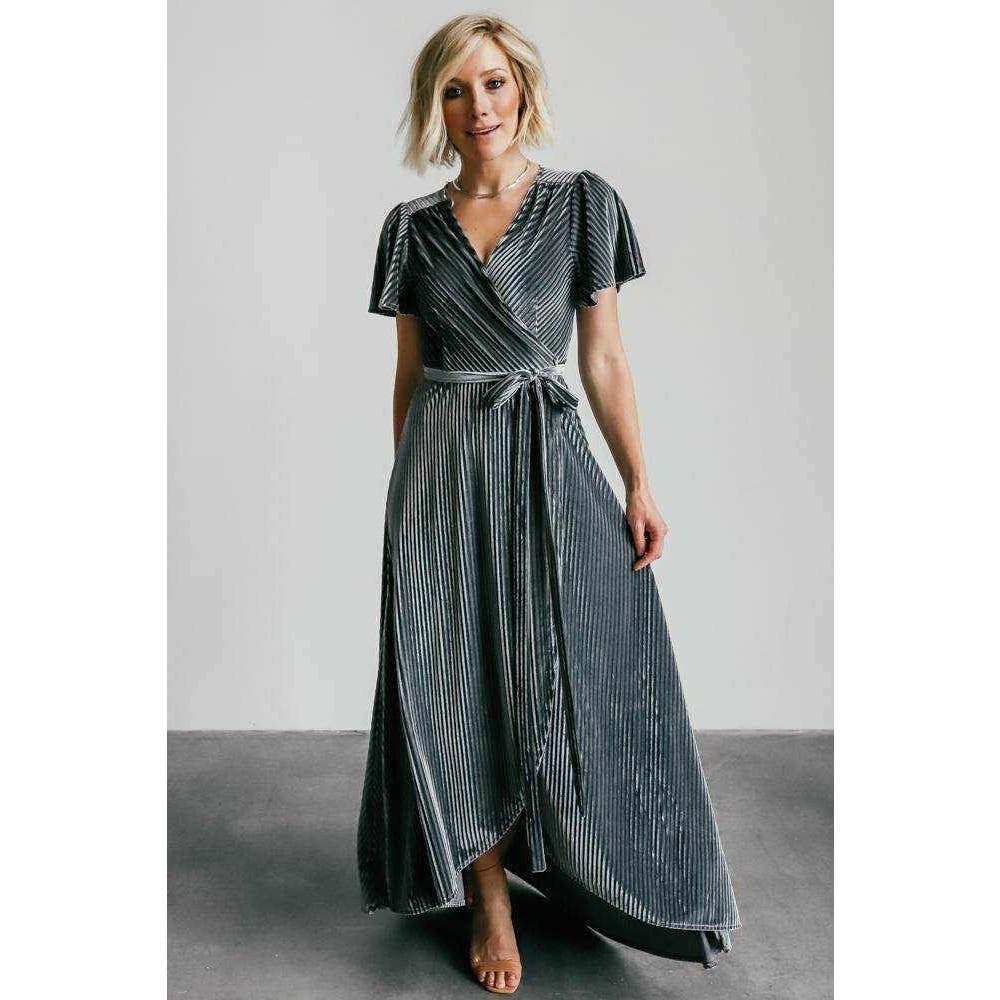 NEW Baltic Born Andi Velvet Ribbed Wrap Maxi Dress in Pewter Women's XXL